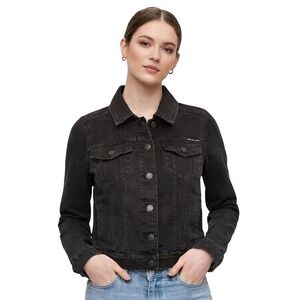 Calvin Klein Jeans Black Denim Trucker Jacket Womens XS Stretch Cropped AdjWaist